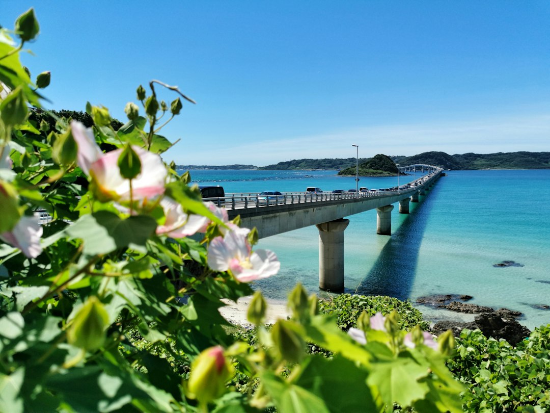 The Kouri Ohashi bridge crossing shallow water between Yagaji and Kouri islands in northern Okinawa on a clear afternoon